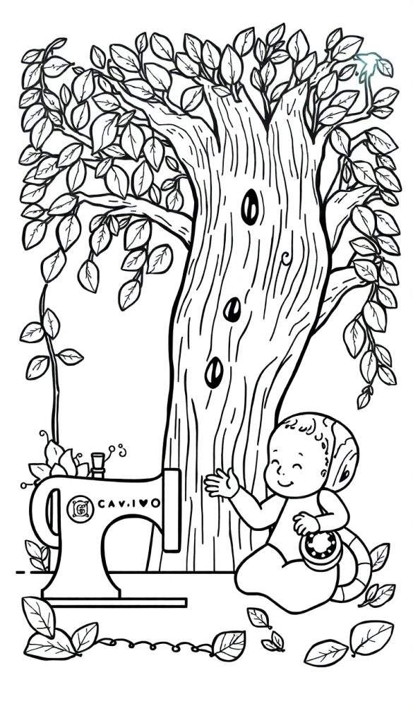 Kleurplaat van een sprookjesachtige scène met een grote boom, een ouderwetse naaimachine en een lachende baby.