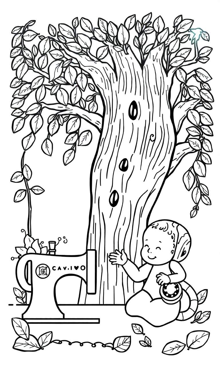 Kleurplaat van een sprookjesachtige scène met een grote boom, een ouderwetse naaimachine en een lachende baby.