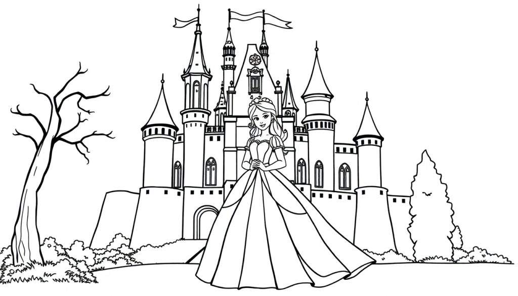 Kleurplaat van een prinses met lang haar en een baljurk, staand voor een imposant kasteel met torens en vlaggen, omringd door bomen en struiken.