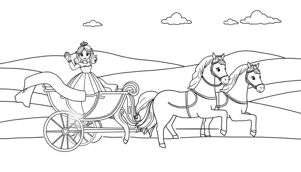 Zwart-wit tekening van een lachende prinses met kroon en jurk, zwaaiend vanuit een sierlijke koets met grote wielen en een lint. Twee paarden trekken de koets voort. Op de achtergrond zijn glooiende heuvels en wolken te zien.