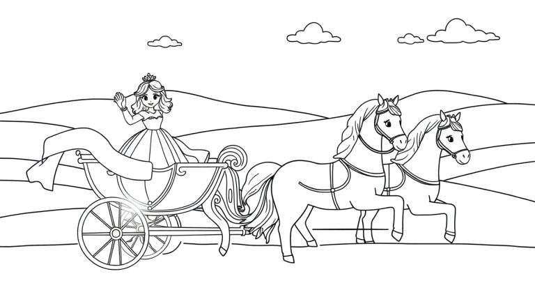 Zwart-wit tekening van een lachende prinses met kroon en jurk, zwaaiend vanuit een sierlijke koets met grote wielen en een lint. Twee paarden trekken de koets voort. Op de achtergrond zijn glooiende heuvels en wolken te zien.