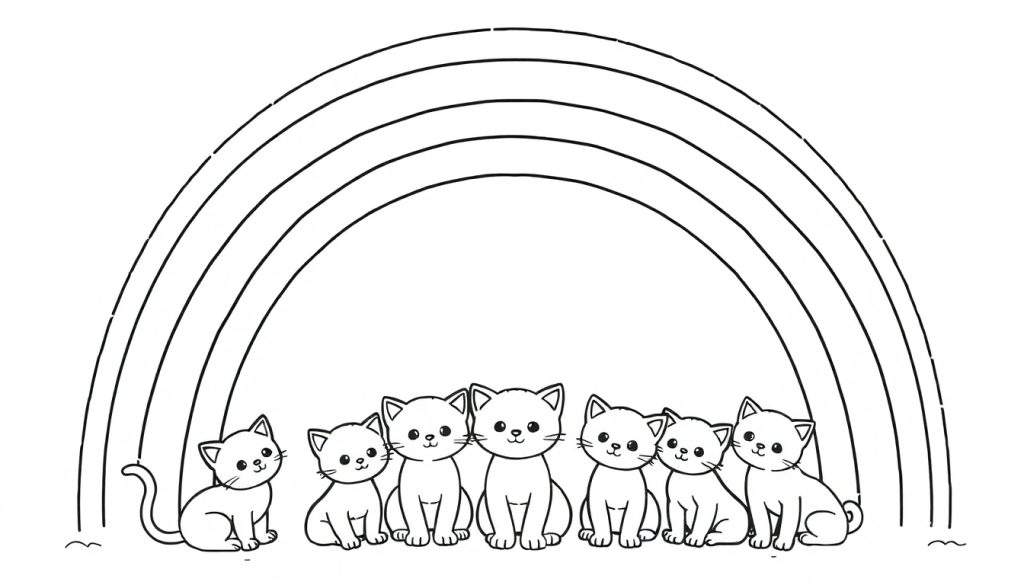 Zwart-wit tekening van een grote regenboog boven een rij van zeven schattige, lachende poesjes die zitten.