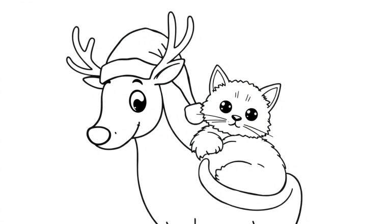 Zwart-wit cartoon kleurplaat van een schattig rendier met kerstmuts en een kleine pluizige kat op zijn rug.