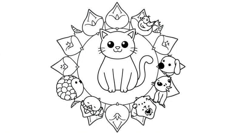 Kleurplaat van een schattige kat in het midden, omringd door een mandala van diverse dieren zoals een vogel, hond, wezel, stekelige wezentjes, schubdier en eenhoorn.