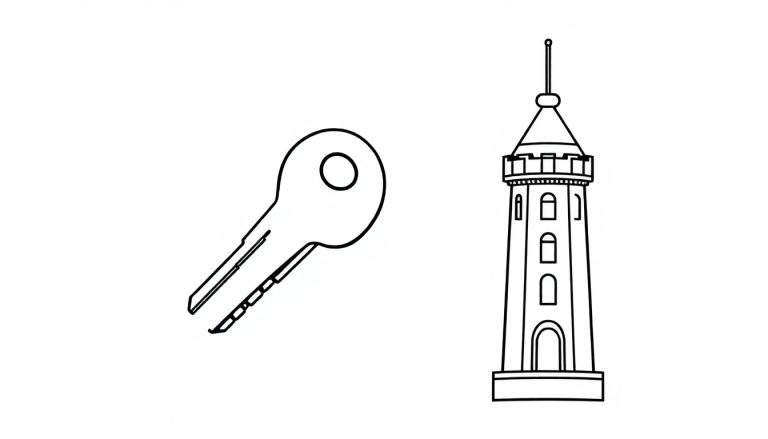 Kleurplaat met een lijntekening van een sleutel aan de linkerzijde en een toren met ramen en een spits aan de rechterzijde op een witte achtergrond.