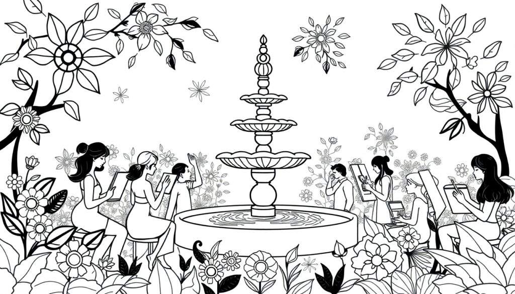 Zwart-witte kleurplaat van een parkscène met een drielaagse fontein, veel bloemen en planten, en mensen die buiten tekenen en schilderen.