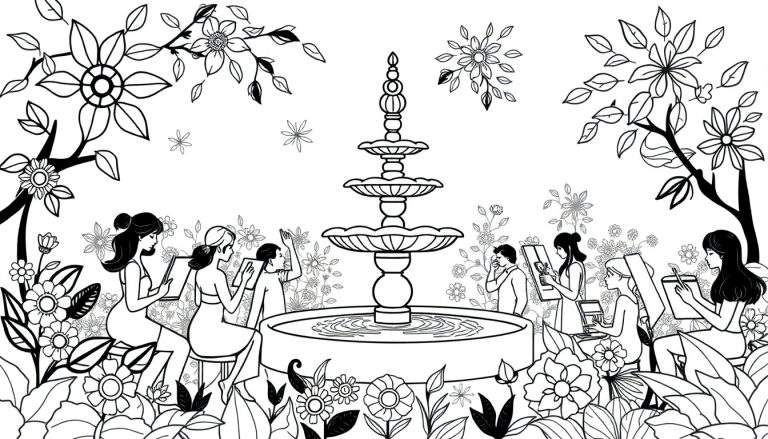 Zwart-witte kleurplaat van een parkscène met een drielaagse fontein, veel bloemen en planten, en mensen die buiten tekenen en schilderen.