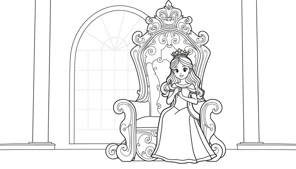 Kleurplaat van een jonge prinses met kroon, zittend op een sierlijke troon in een koninklijke zaal met boograam en pilaren.