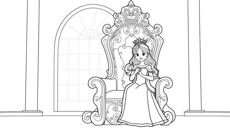 Kleurplaat van een jonge prinses met kroon, zittend op een sierlijke troon in een koninklijke zaal met boograam en pilaren.