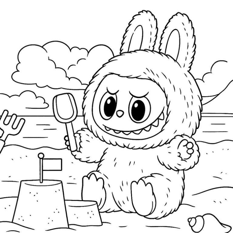 Kleurplaat van Labubu die op het strand een zandkasteel bouwt, met een schepje en een schelp.