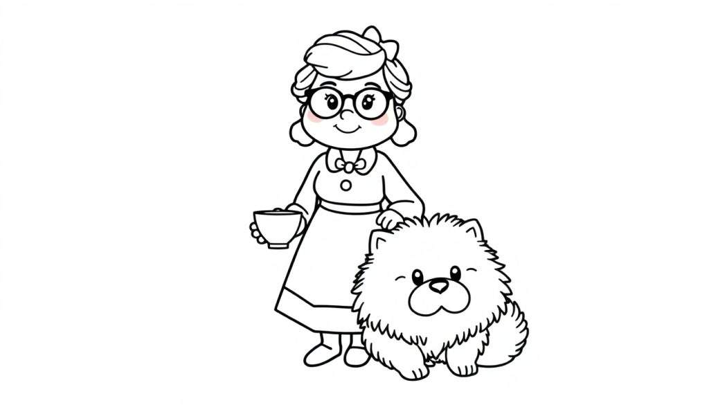 Kleurplaat van een lachende vrouw met bril en strik in haar haar, die een kopje vasthoudt en haar hand op haar zittende, knipogende pluizige hond legt.