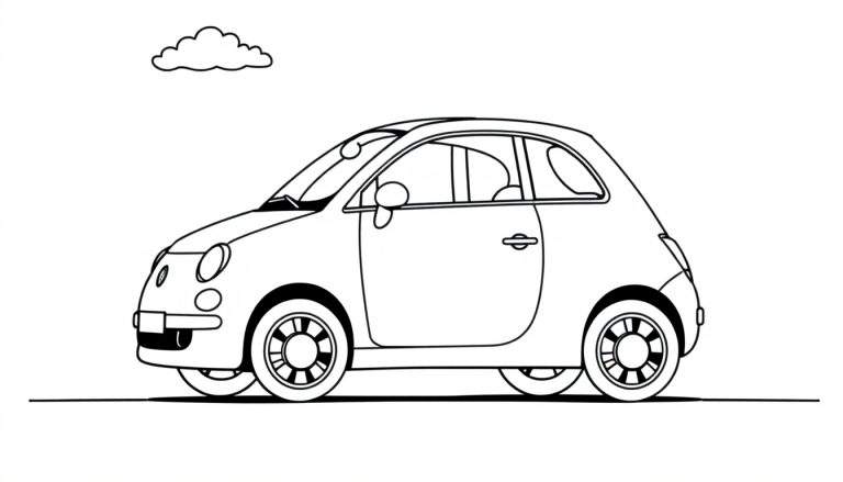 Zwart-wit lijntekening van een schattige, cartoonachtige auto, getekend in zijprofiel, met koplampen, wielen, deuren, ramen, zijspiegel, een wolkje en de grondlijn. Het is een eenvoudige kleurplaat voor kinderen.