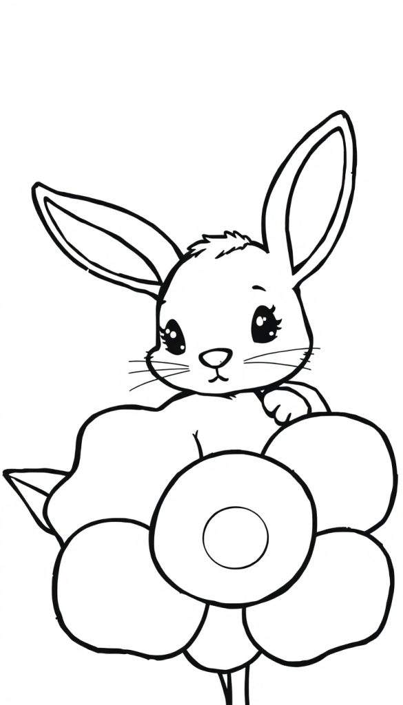 Kleurplaat van een lief konijntje met grote ogen en lange oren, zittend achter een grote bloem met ronde blaadjes.
