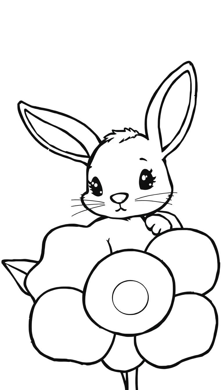 Kleurplaat van een lief konijntje met grote ogen en lange oren, zittend achter een grote bloem met ronde blaadjes.