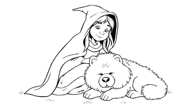 Zwart-wit lijntekening van een jong meisje met een puntige capuchon die liefdevol naar een bol, pluizig dier kijkt. Ze zitten samen op de grond tussen wat grashalmen.