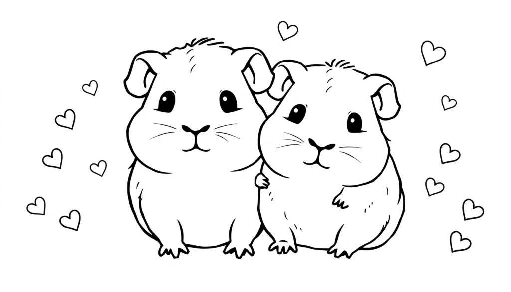 Kleurplaat van twee knuffelende cavia's met kleine hartjes eromheen.