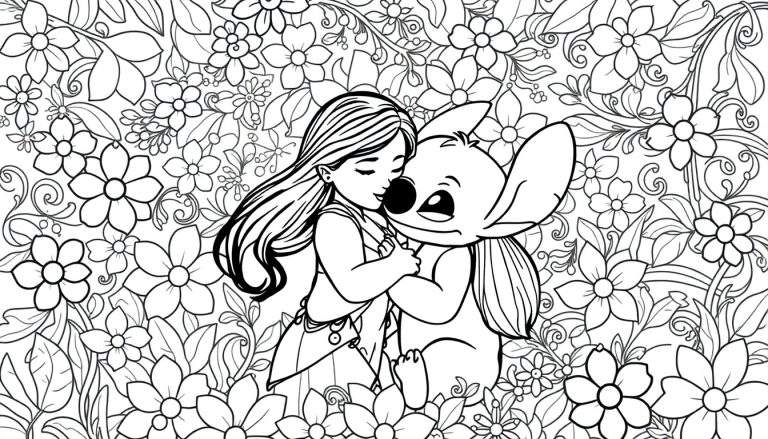 Zwart-wit kleurplaat van Lilo die Stitch teder omhelst, omringd door gedetailleerde bloemen, bladeren en bessen.