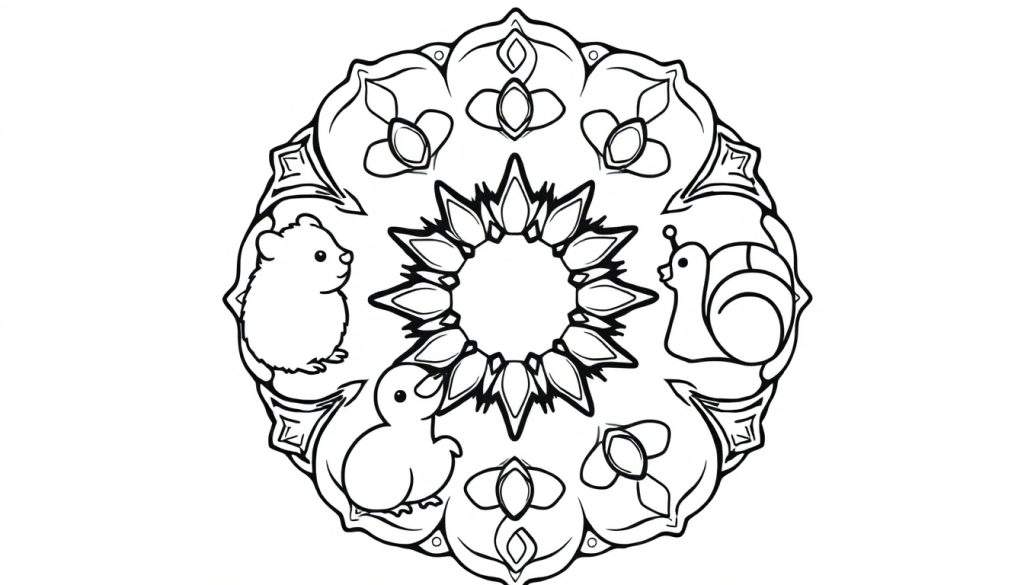 Mandala kleurplaat met bloemmotieven, symmetrische patronen en drie schattige dieren: een hamster, een eendje en een slak.