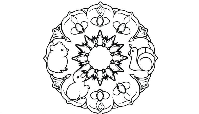 Mandala kleurplaat met bloemmotieven, symmetrische patronen en drie schattige dieren: een hamster, een eendje en een slak.