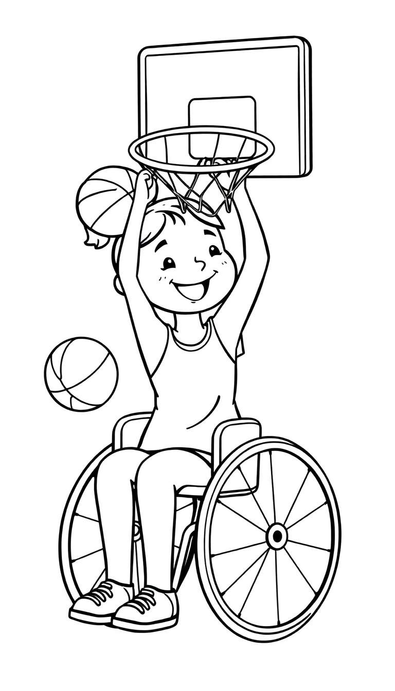 Zwart-wit lijntekening van een meisje in een rolstoel die net een basketbal door de ring scoort, met een brede glimlach.