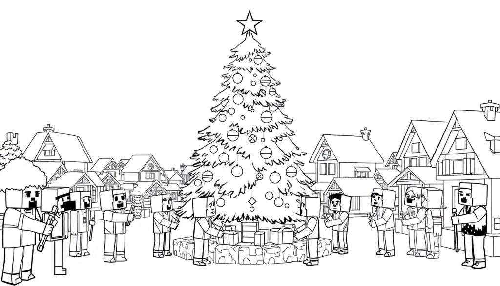 Zwart-wit kleurplaat met een kerstboom in Minecraft-stijl, omringd door personages die kerstliederen zingen, met cadeaus en een winterdorp op de achtergrond.