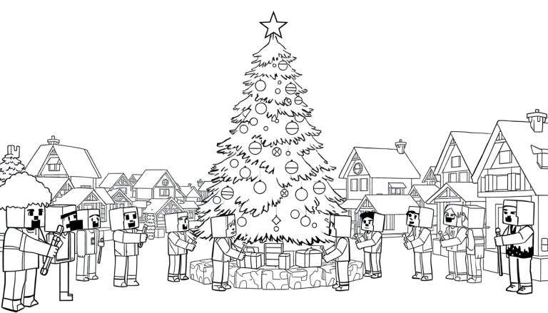 Zwart-wit kleurplaat met een kerstboom in Minecraft-stijl, omringd door personages die kerstliederen zingen, met cadeaus en een winterdorp op de achtergrond.