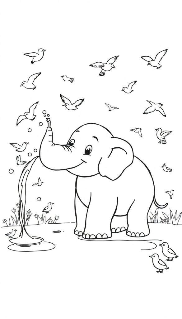 Kleurplaat van een lachende olifant die water spuit met bubbels, omringd door vliegende en zittende vogels in een natuurlijke omgeving met gras en bloemen.