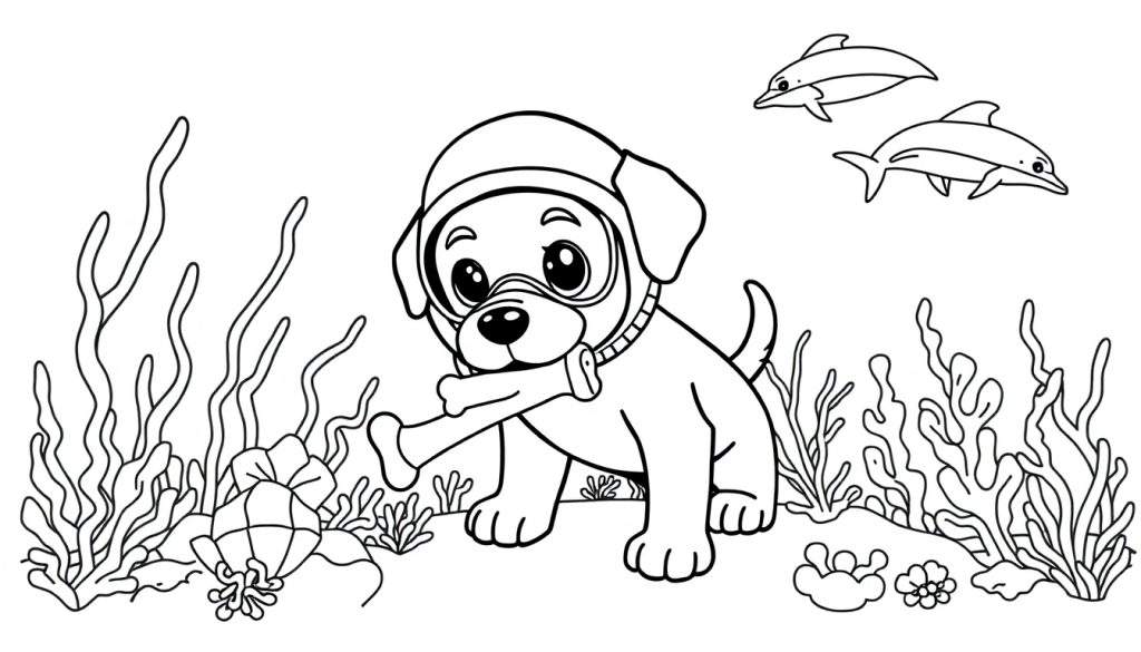 Kleurplaat van een schattige puppy met duikbril en mutsje die een bot vasthoudt, zwemmend in een onderwaterwereld met dolfijnen, zeewier, een krab en koraal.