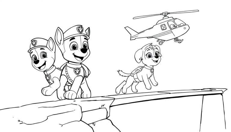 Kleurplaat van Paw Patrol met de puppies Chase en Skye, een helikopter en een rotsbrug.