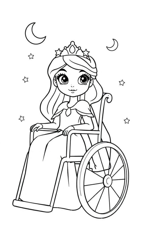 Kleurplaat van een glimlachend meisje met een kroon en sterren, zittend in een rolstoel, met halve manen en sterretjes eromheen.