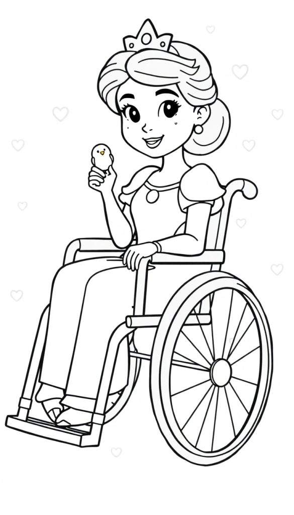 Illustratie van een vrolijke prinses met kroon en jurk, zittend in een rolstoel en een kuikentje vasthoudend. Hartjes zweven op de achtergrond.