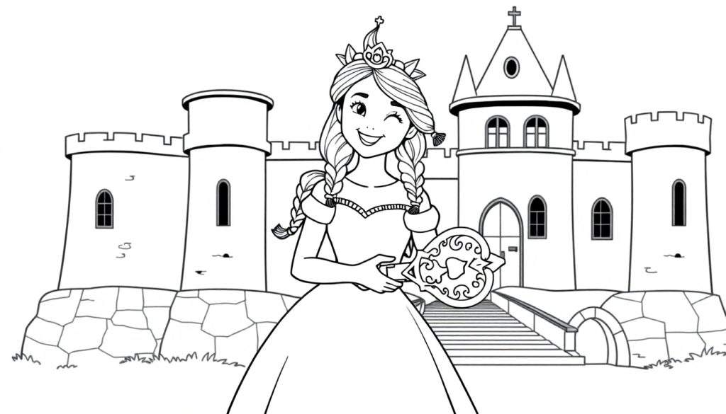 Zwart-wit lijntekening van een prinses die een sleutel vasthoudt met een kasteel op de achtergrond.