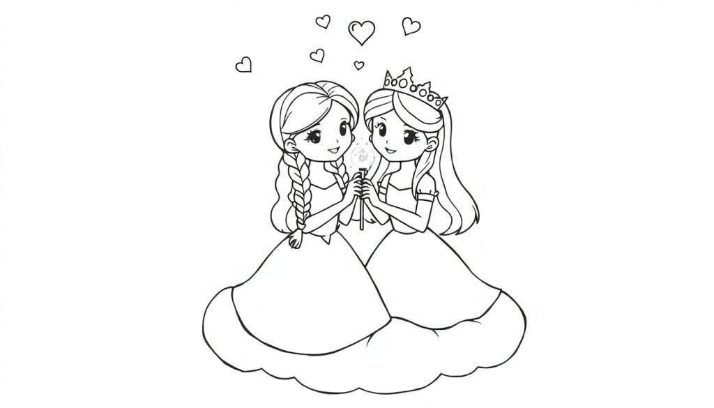 Kleurplaat van twee lachende prinsessen met lange jurken, die samen een magische toverstaf vasthouden met sterretjes, boven hen zweven hartjes.