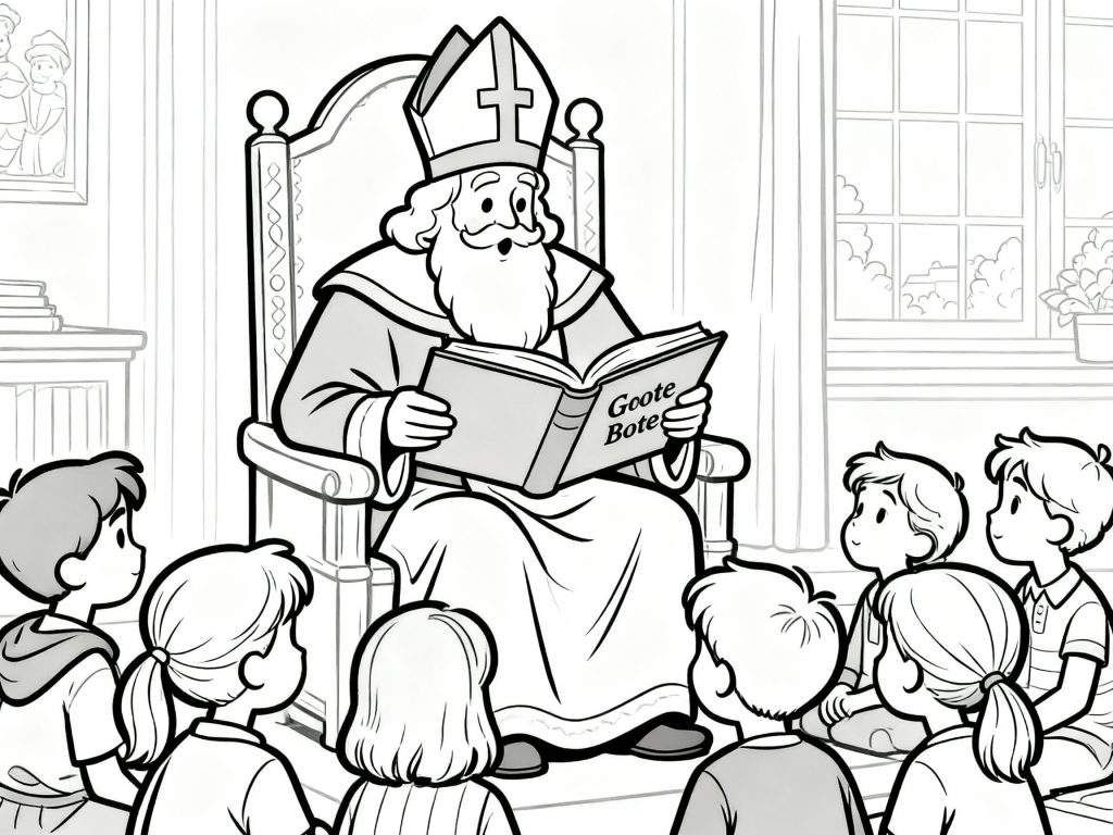Kleurplaat van Sinterklaas die in een versierde stoel zit en voorleest uit een boek aan een groep aandachtig luisterende kinderen. De Sint draagt een mijter en mantel, met op de achtergrond een raam en boeken.