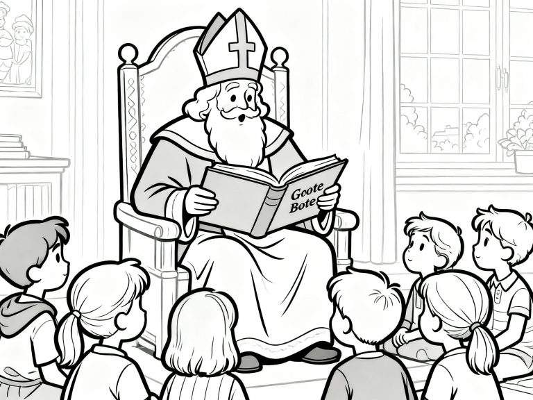 Kleurplaat van Sinterklaas die in een versierde stoel zit en voorleest uit een boek aan een groep aandachtig luisterende kinderen. De Sint draagt een mijter en mantel, met op de achtergrond een raam en boeken.