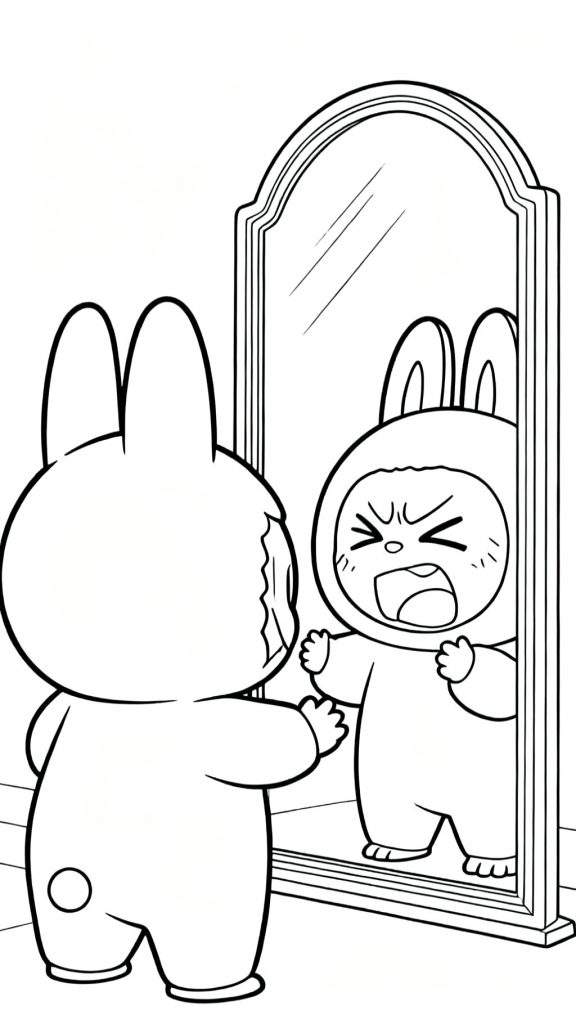 Zwart-wit lijntekening van een schattig Labubu konijntje dat een sierlijke spiegel aanraakt. De reflectie in de spiegel toont hetzelfde konijntje, maar dan met een woedende uitdrukking, schreeuwend met gebalde vuisten en een capuchon op, wat een sterk emotioneel contrast creëert.