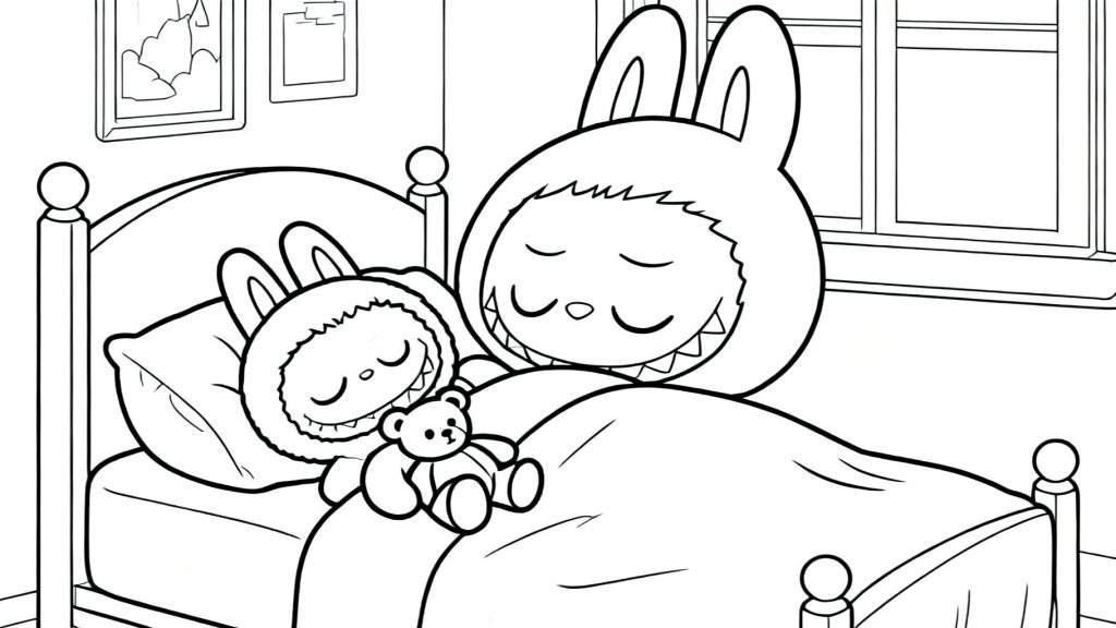 Zwart-wit Labubu kleurplaat met twee slapende konijnachtige figuren in een bed, waarvan één een teddybeer vasthoudt, in een rustige slaapkamer.