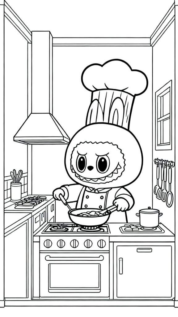 Labubu cartoon chef-kok met nors gezicht roert in koekenpan op gasfornuis in gedetailleerde keuken met oven, afzuigkap en keukengerei.
