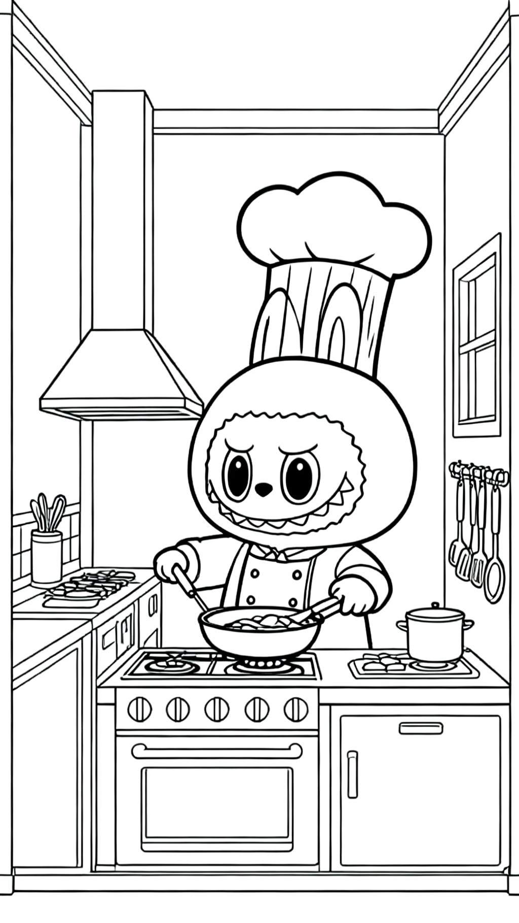 Labubu cartoon chef-kok met nors gezicht roert in koekenpan op gasfornuis in gedetailleerde keuken met oven, afzuigkap en keukengerei.