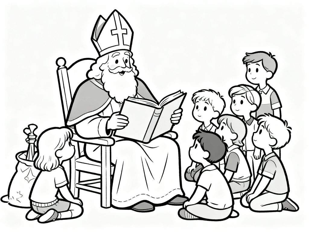 Zwart-wit kleurplaat van Sinterklaas die in een stoel zit en een boek voorleest aan een groep aandachtige kinderen die op de grond zitten, met een grote zak vol cadeautjes ernaast.