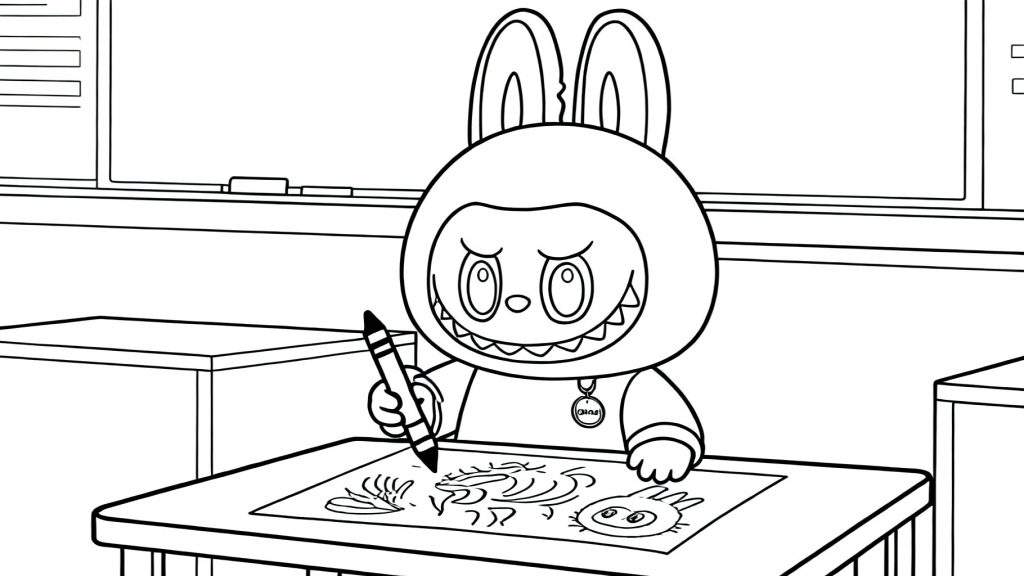 Zwart-wit lijntekening kleurplaat van Labubu in ondeugend konijnenkostuum met GUCCI-ketting, tekenend aan een bureau in een klaslokaal met schoolbord.
