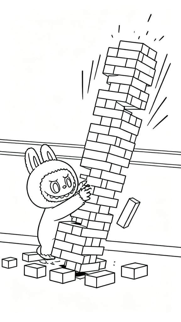 Labubu in een pluizig konijnenpak probeert een instortende Jenga-toren vast te houden, met vallende blokken en een bezorgde uitdrukking.