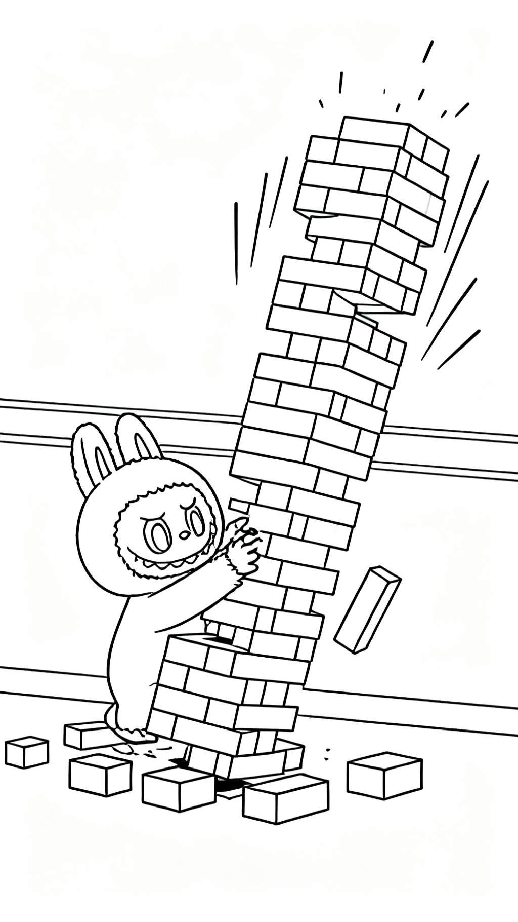 Labubu in een pluizig konijnenpak probeert een instortende Jenga-toren vast te houden, met vallende blokken en een bezorgde uitdrukking.