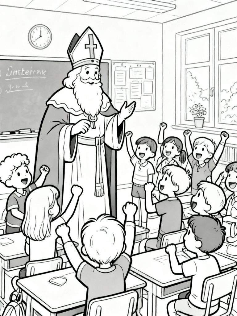 Kleurplaat van Sinterklaas in een vrolijk klaslokaal, omringd door enthousiaste, juichende kinderen. Sinterklaas houdt een sleutel vast. Achtergrond toont schoolbord, klok, raam en schoolbanken.