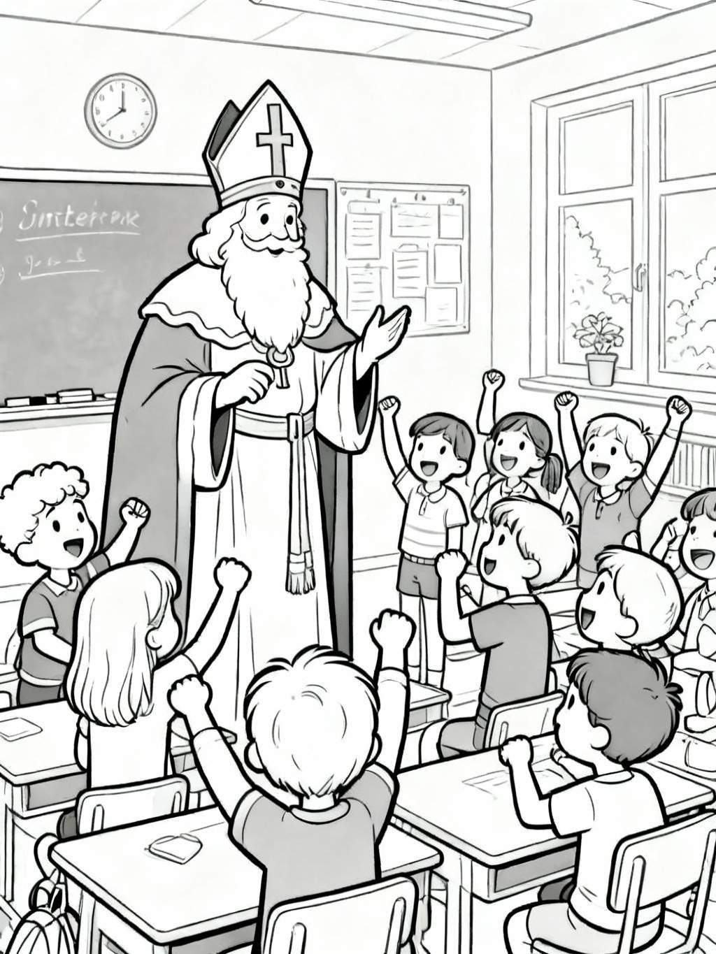 Kleurplaat van Sinterklaas in een vrolijk klaslokaal, omringd door enthousiaste, juichende kinderen. Sinterklaas houdt een sleutel vast. Achtergrond toont schoolbord, klok, raam en schoolbanken.