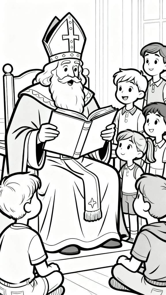 Kleurplaat van Sinterklaas met mijter en bisschopsgewaad, die voorleest uit een groot boek aan een groep aandachtig luisterende kinderen in een kamer.