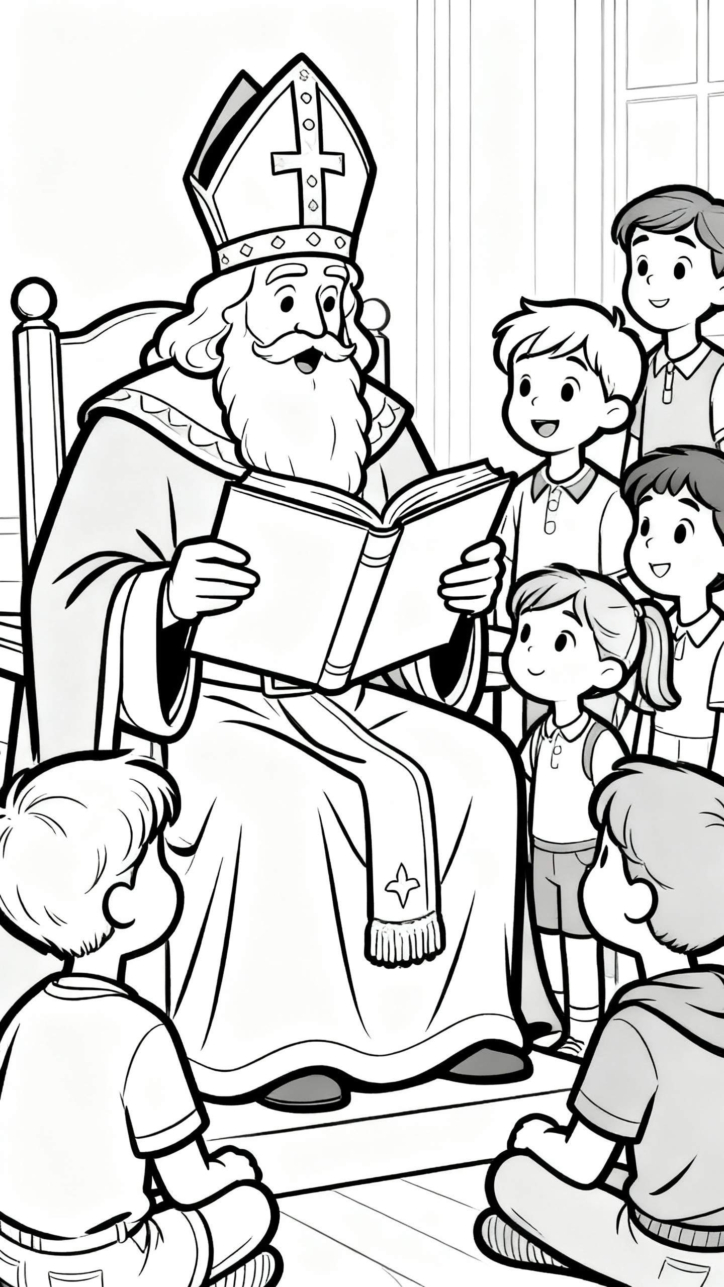 Kleurplaat van Sinterklaas met mijter en bisschopsgewaad, die voorleest uit een groot boek aan een groep aandachtig luisterende kinderen in een kamer.