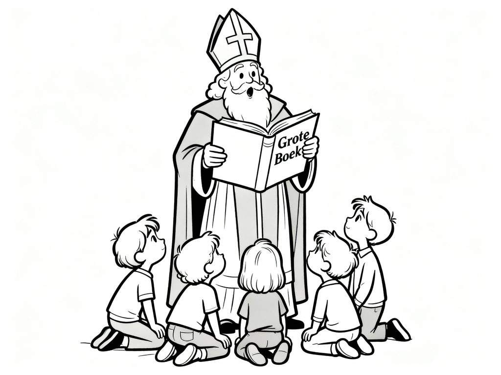 Zwart-wit kleurplaat van Sinterklaas die voorleest uit een groot boek aan zes aandachtig luisterende kinderen die om hem heen zitten.