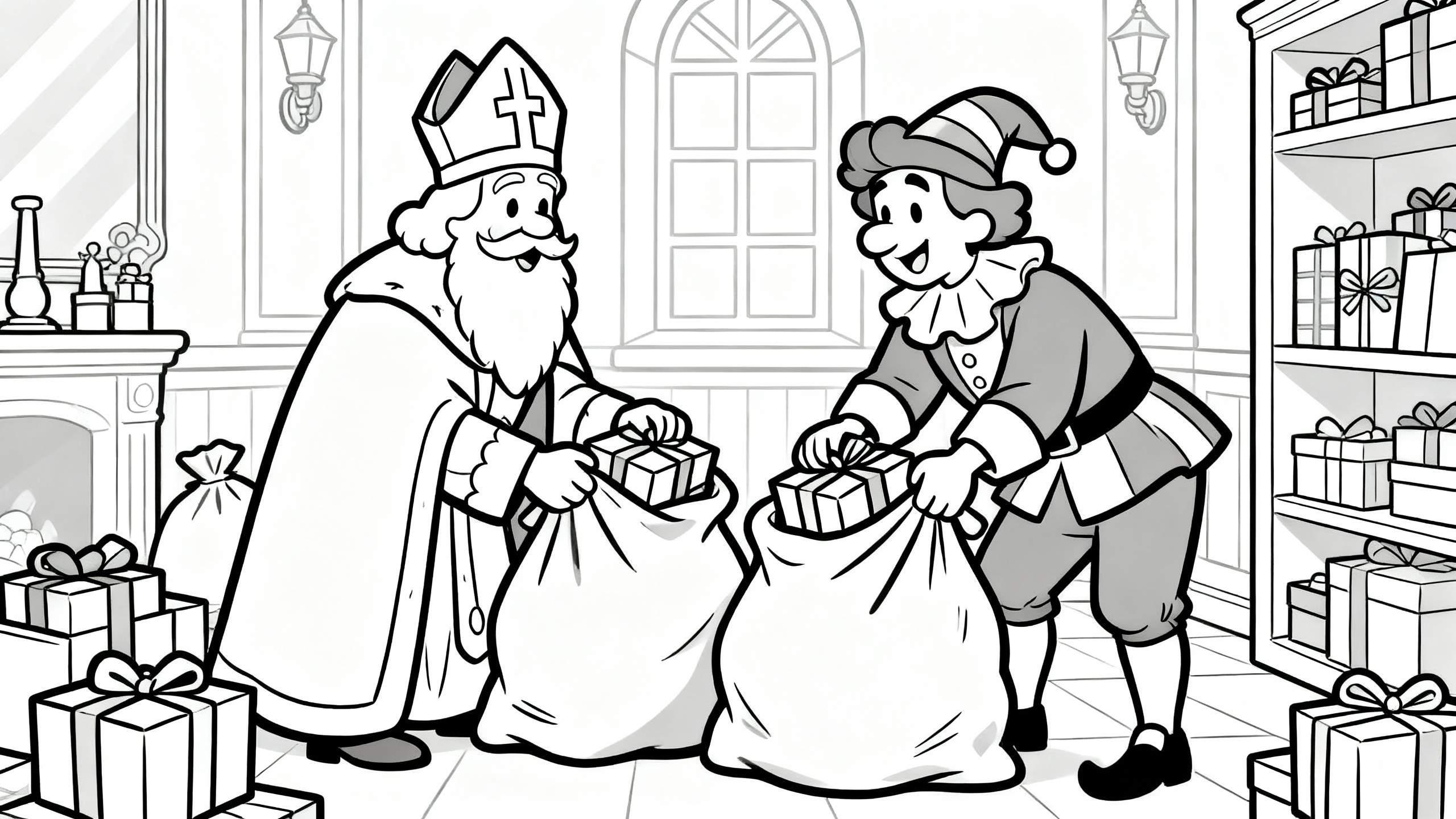 Kleurplaat van Sinterklaas en Piet die lachend cadeaus in grote zakken stoppen in een feestelijke kamer vol pakjes.