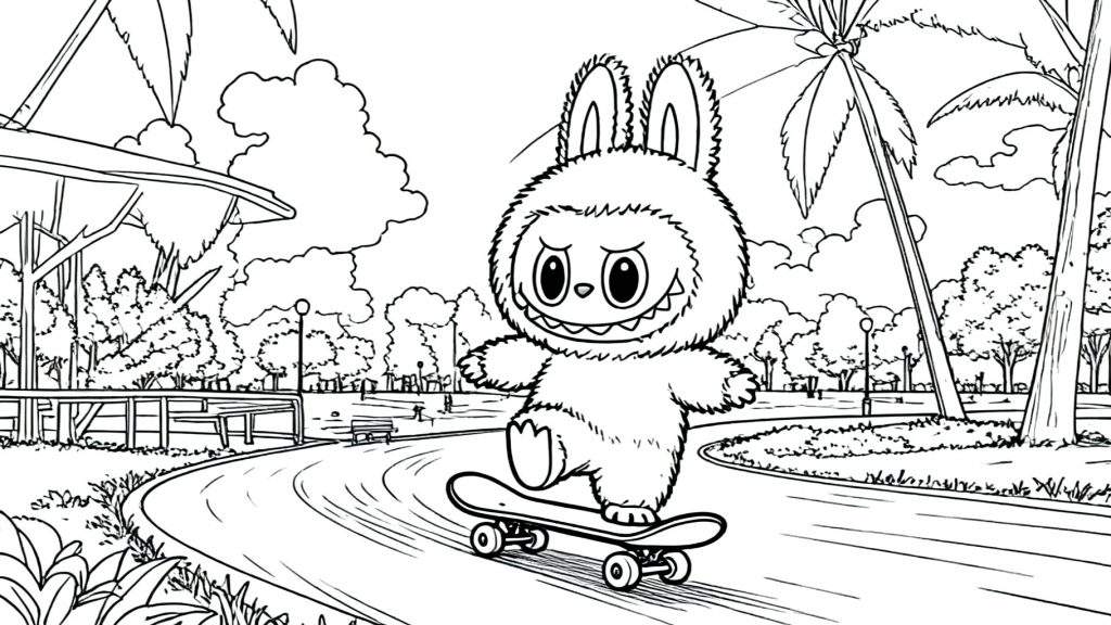 Zwart-wit kleurplaat van Labubu, een pluizig konijnachtig wezentje met lange oren, een brede glimlach, en een harig pak, skateboardend door een park met veel bomen, palmbomen, bankjes en lantaarnpalen.